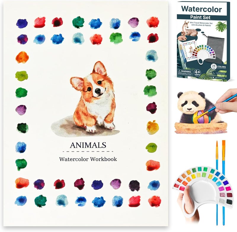 DPDPPL Watercolor Workbook, Water Coloring Book with 13 Pages 300GSM Paper, 26 Colors Watercolor Paint Set with Brush & Storage Bag, Beginner-Friendly Coloring Book for Adults - Animal Theme Art Kit - Image 1